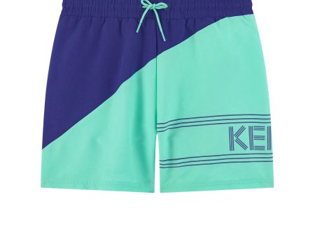 Boys Green & Blue Logo Swim Shorts For Sale