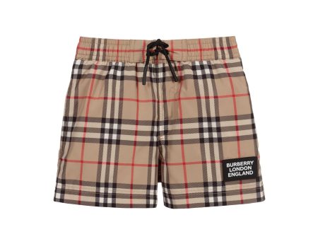 Boys Beige Check Swim Shorts For Discount